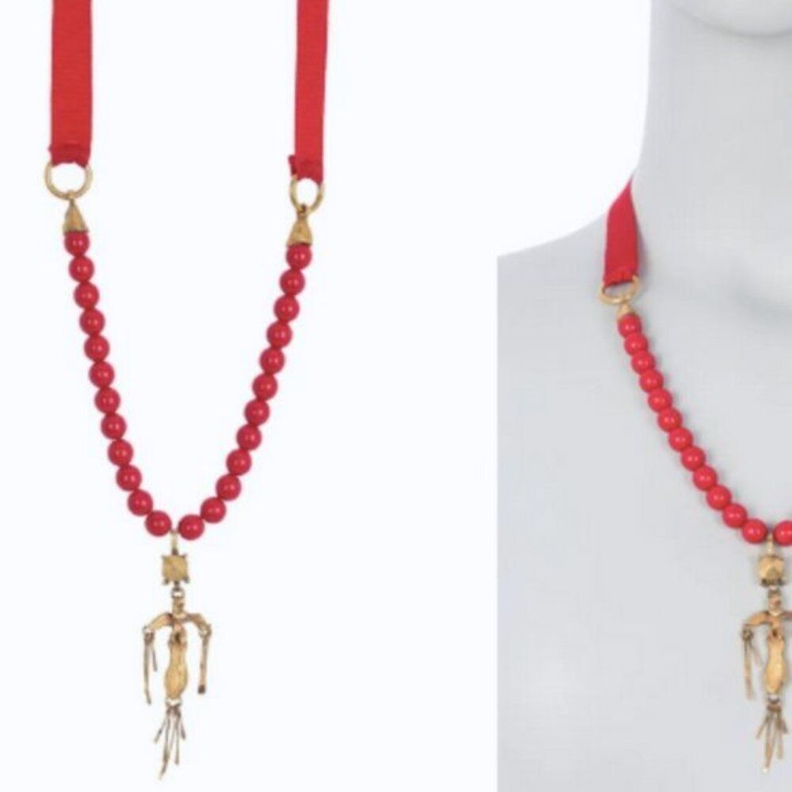 Valentino Red Ribbon Tie Beaded Pendant Necklace 350$